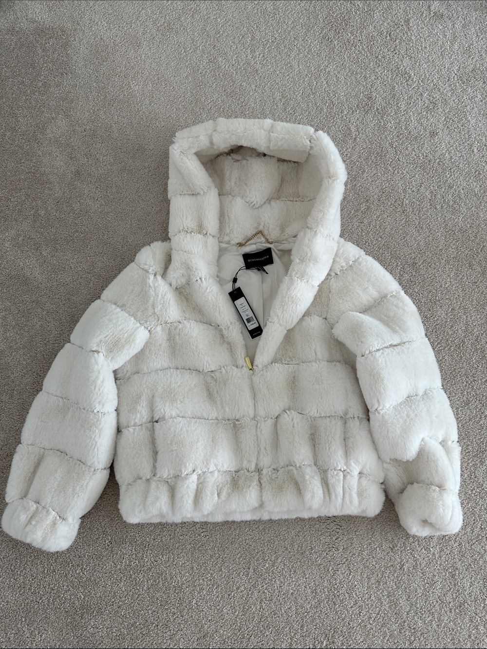BCBGMaxAzria Ivory Faux Fur Hooded Puffer Jacket